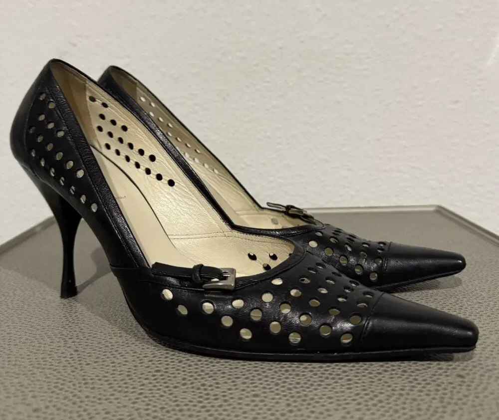 PRADA Y2K Pumps Heel Leather Black Point Toe Cutout Sz 37.5 / 7.5